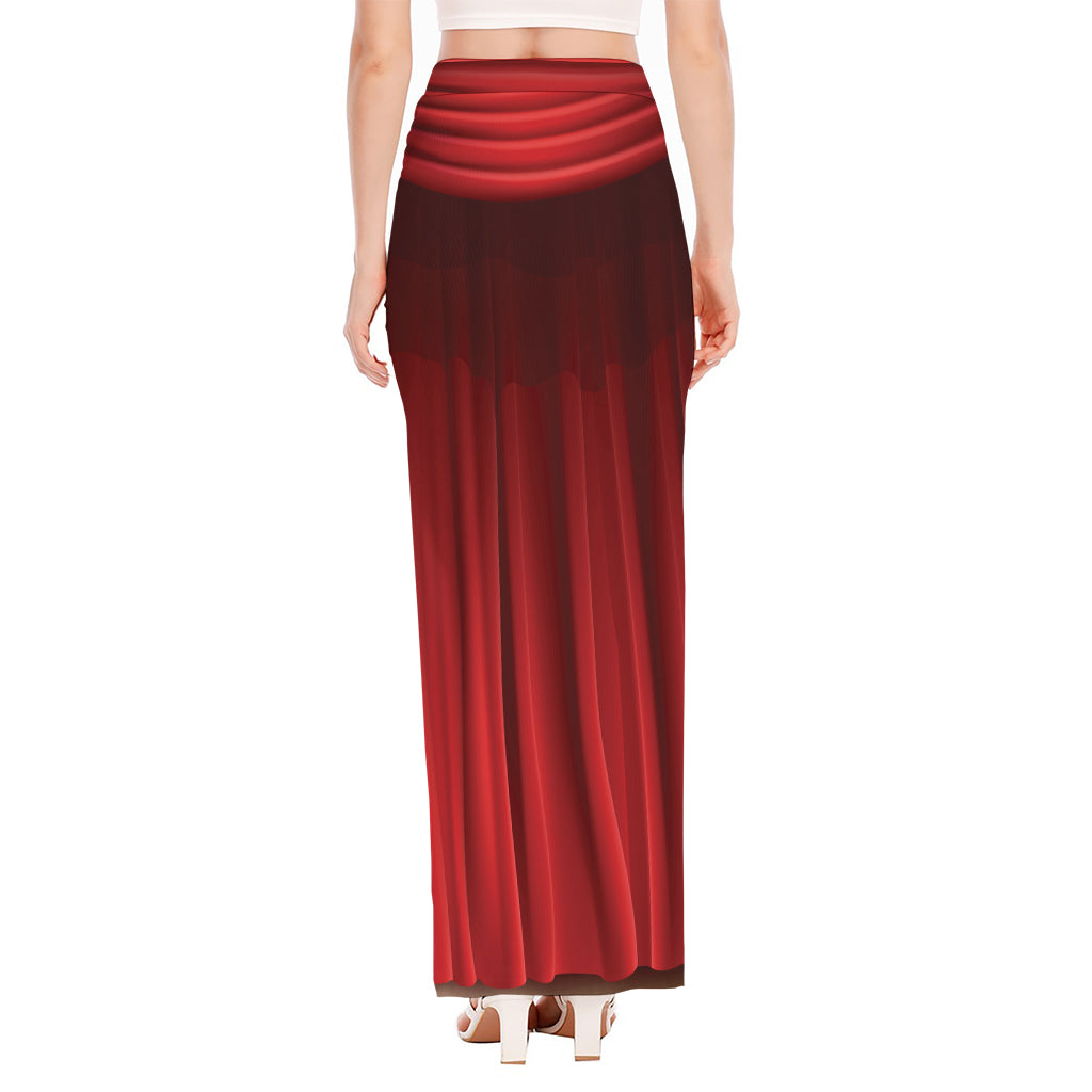 Red Curtain Theater Print High Slit Maxi Skirt