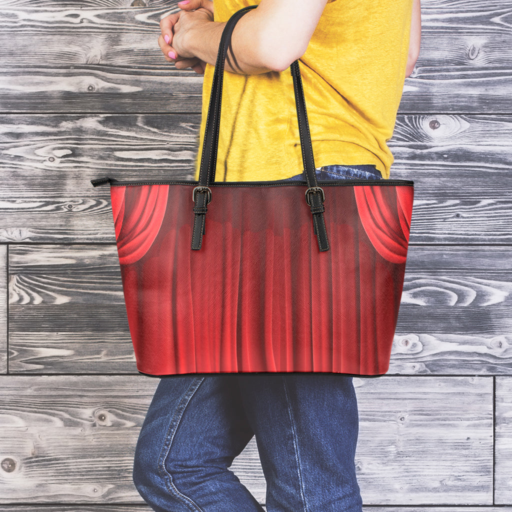 Red Curtain Theater Print Leather Tote Bag