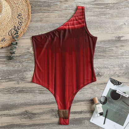Red Curtain Theater Print One Shoulder Bodysuit