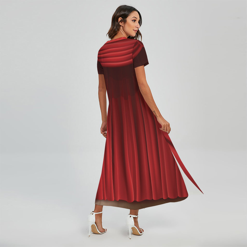 Red Curtain Theater Print Short Sleeve Maxi Dress