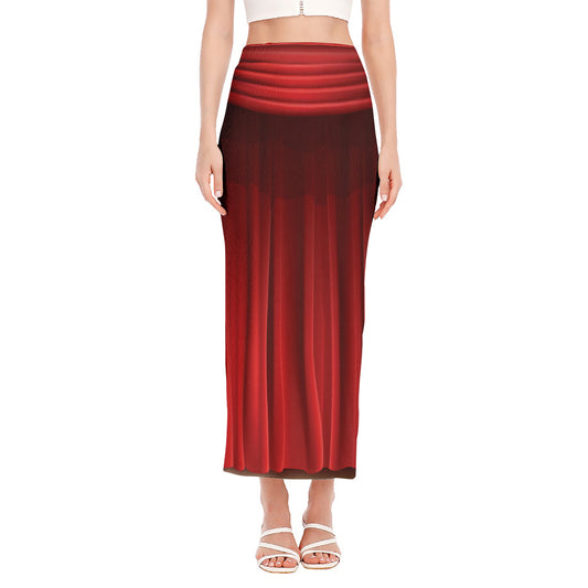Red Curtain Theater Print Side Slit Maxi Skirt
