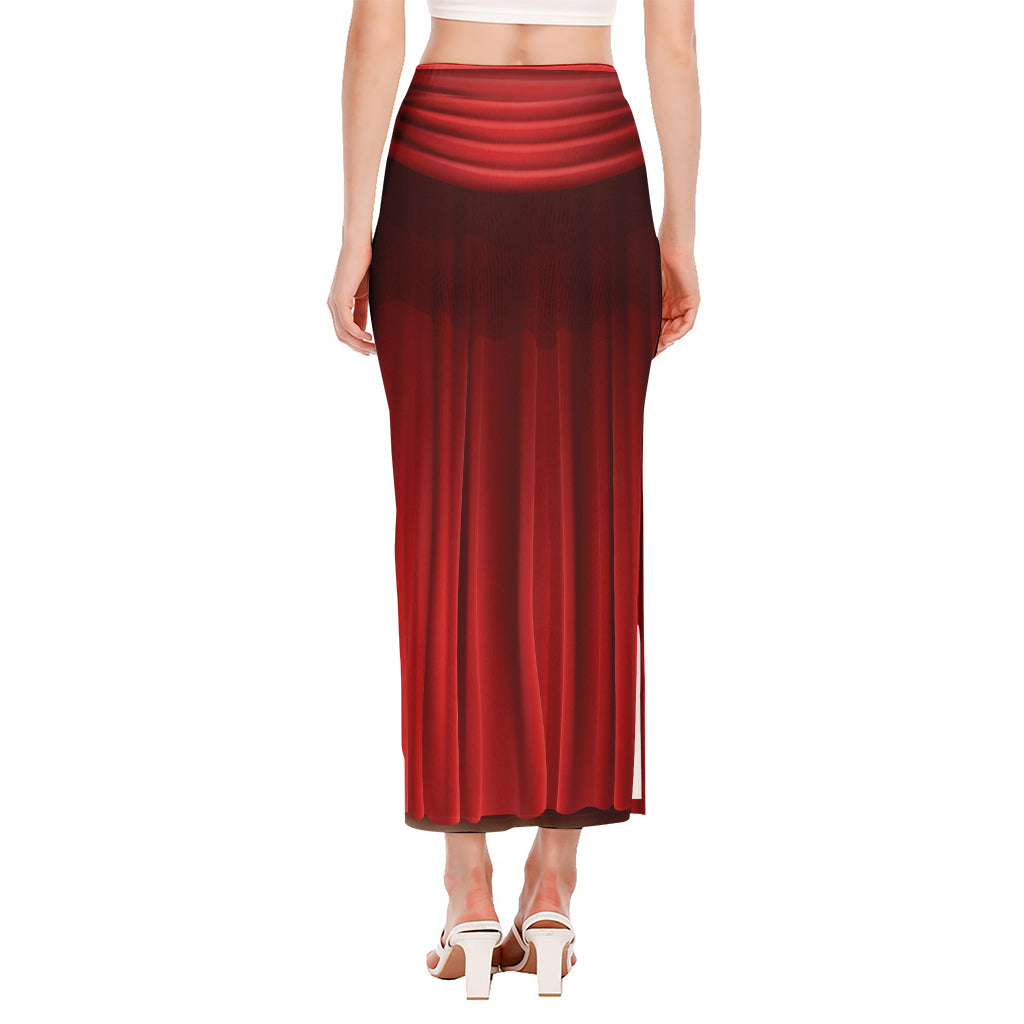 Red Curtain Theater Print Side Slit Maxi Skirt