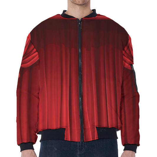 Red Curtain Theater Print Zip Sleeve Bomber Jacket