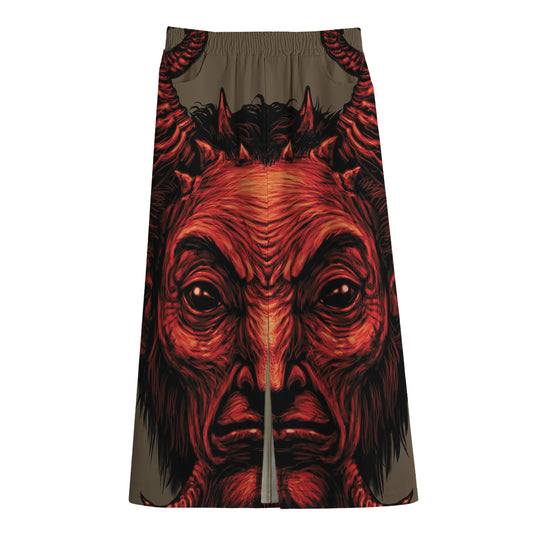 Red Devil Satan Print Cotton Front Slit Maxi Skirt