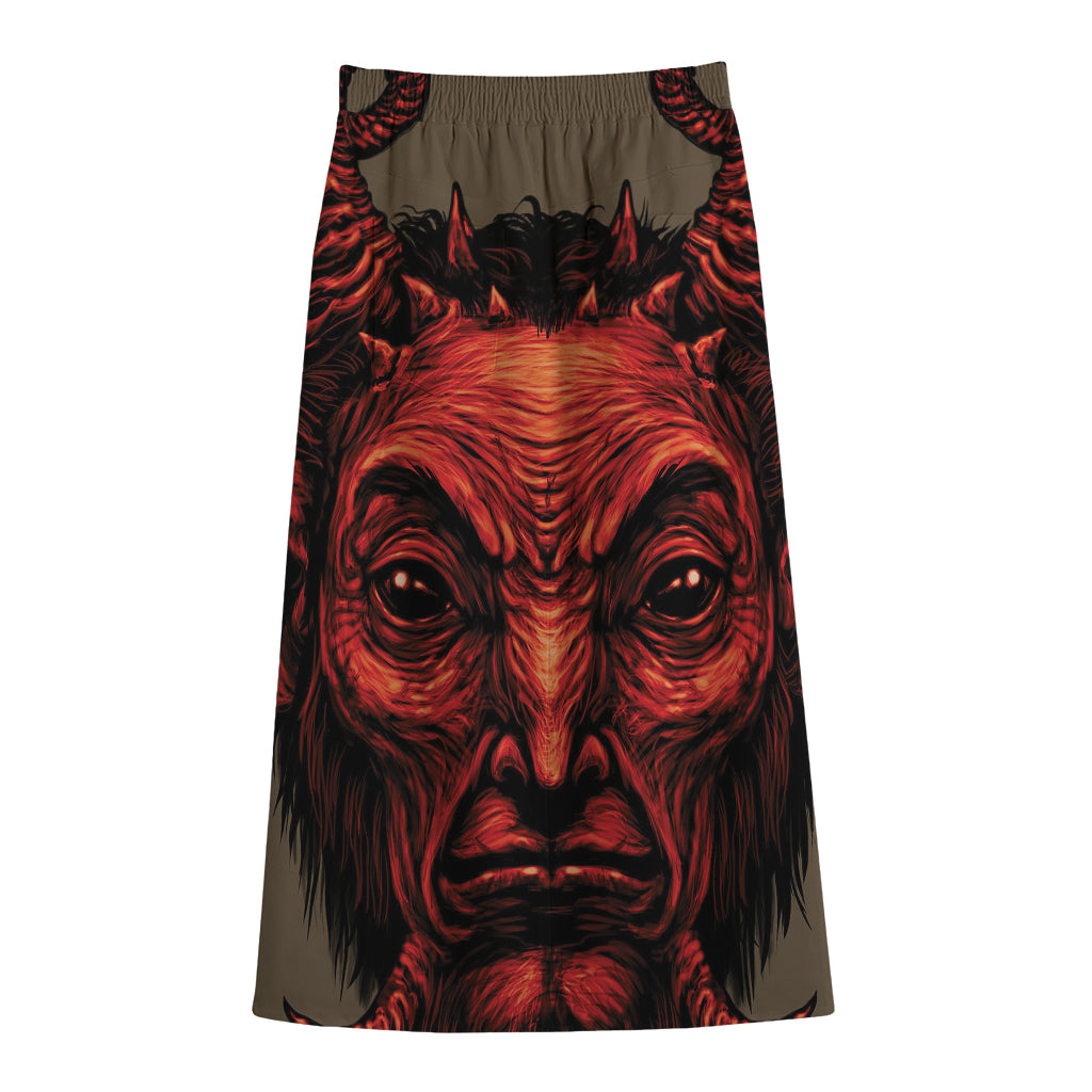 Red Devil Satan Print Cotton Front Slit Maxi Skirt