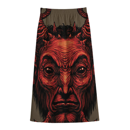 Red Devil Satan Print Cotton Front Slit Maxi Skirt
