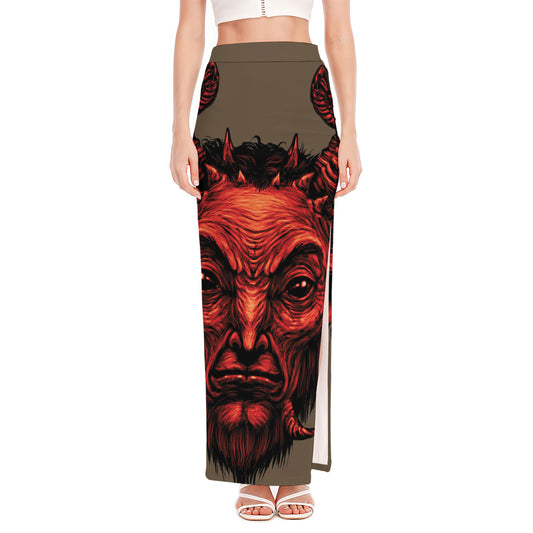 Red Devil Satan Print High Slit Maxi Skirt