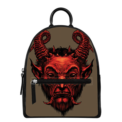 Red Devil Satan Print Leather Backpack