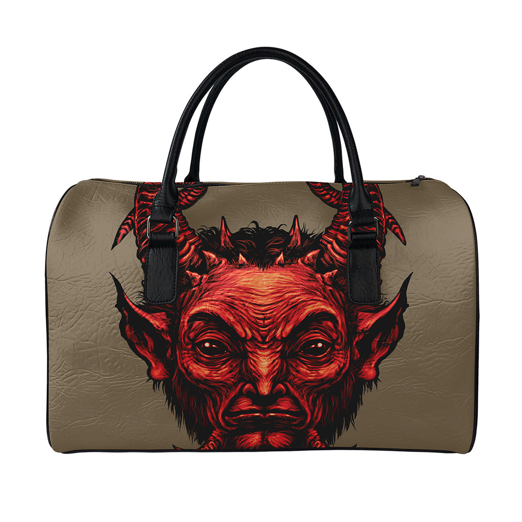 Red Devil Satan Print Leather Duffle Bag
