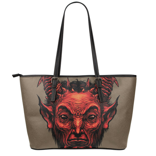 Red Devil Satan Print Leather Tote Bag