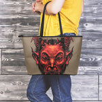 Red Devil Satan Print Leather Tote Bag
