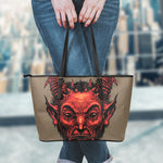 Red Devil Satan Print Leather Tote Bag
