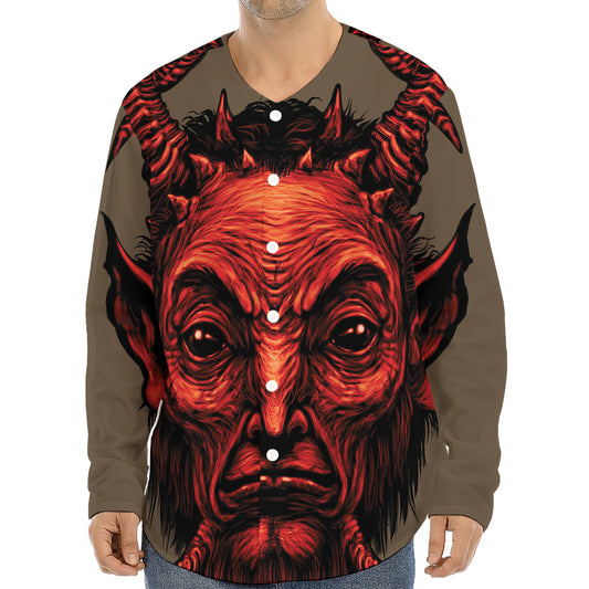 Red Devil Satan Print Long Sleeve Baseball Jersey