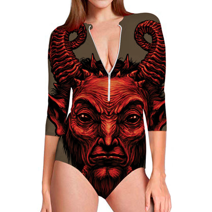 Red Devil Satan Print Long Sleeve Swimsuit