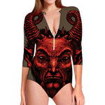 Red Devil Satan Print Long Sleeve Swimsuit