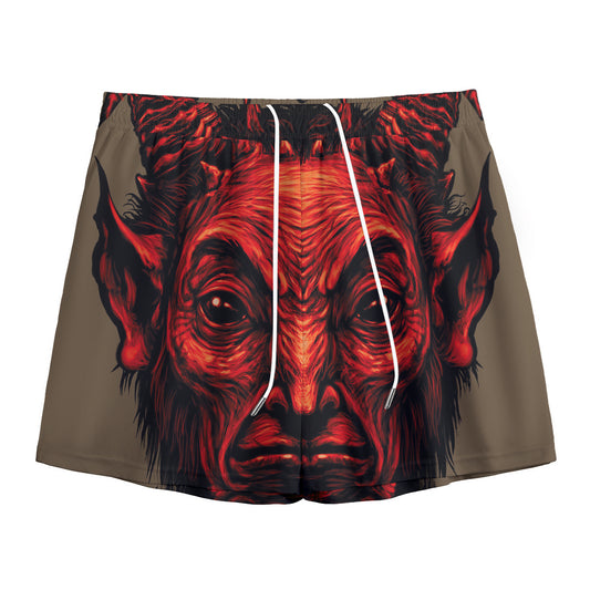 Red Devil Satan Print Mesh Shorts