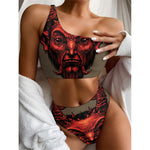Red Devil Satan Print One Shoulder Bikini Top