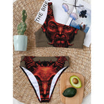 Red Devil Satan Print One Shoulder Bikini Top