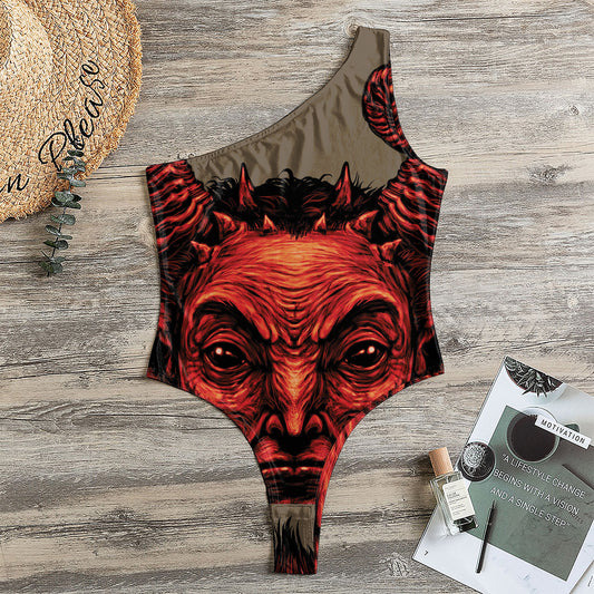 Red Devil Satan Print One Shoulder Bodysuit