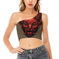 Red Devil Satan Print One Shoulder Crop Top