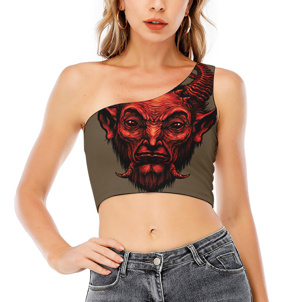 Red Devil Satan Print One Shoulder Crop Top