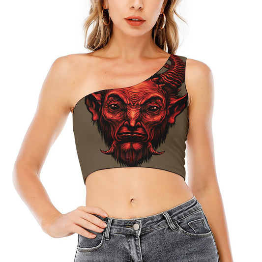 Red Devil Satan Print One Shoulder Crop Top