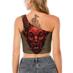 Red Devil Satan Print One Shoulder Crop Top