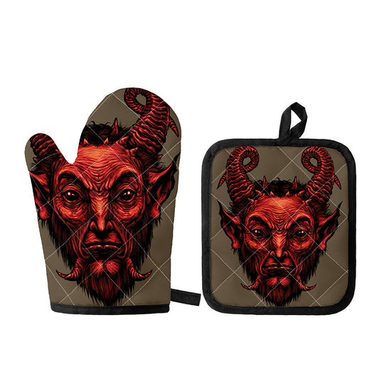 Red Devil Satan Print Oven Mitt And Pot Holder Set