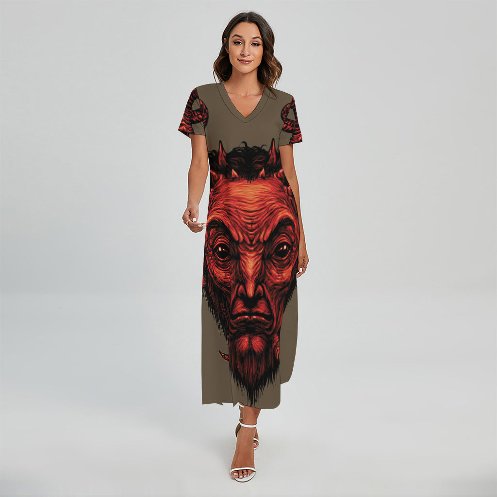Red Devil Satan Print Short Sleeve Maxi Dress