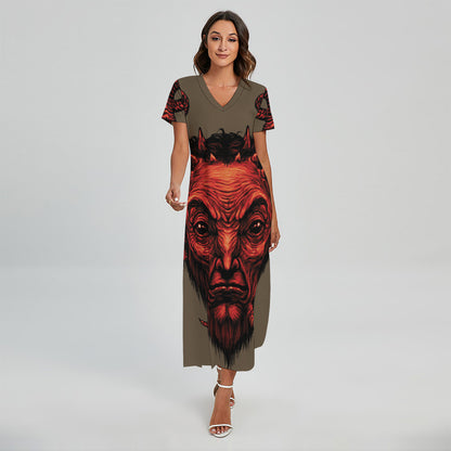 Red Devil Satan Print Short Sleeve Maxi Dress