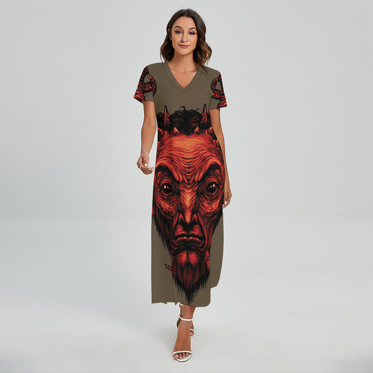 Red Devil Satan Print Short Sleeve Maxi Dress