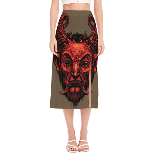 Red Devil Satan Print Side Slit Midi Skirt