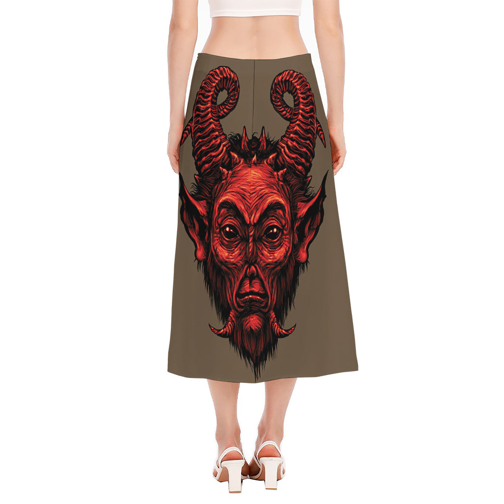 Red Devil Satan Print Side Slit Midi Skirt