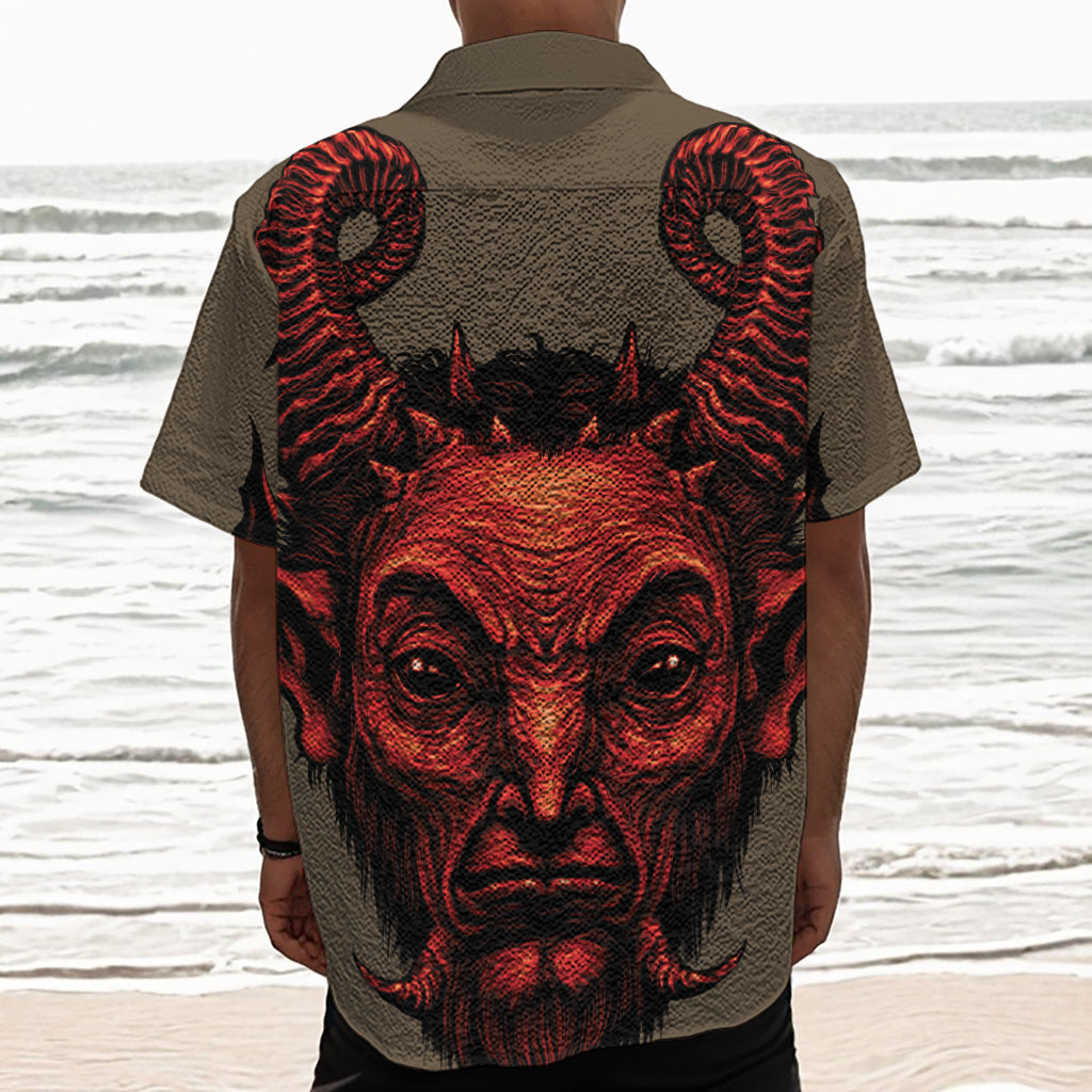 Red Devil Satan Print Textured Short Sleeve Shirt