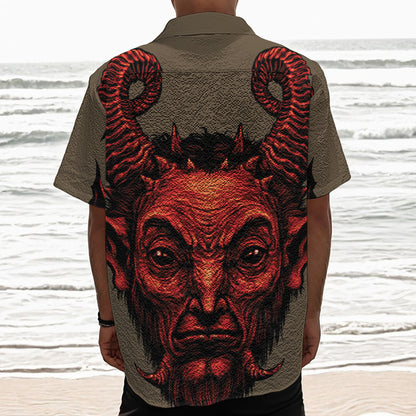 Red Devil Satan Print Textured Short Sleeve Shirt