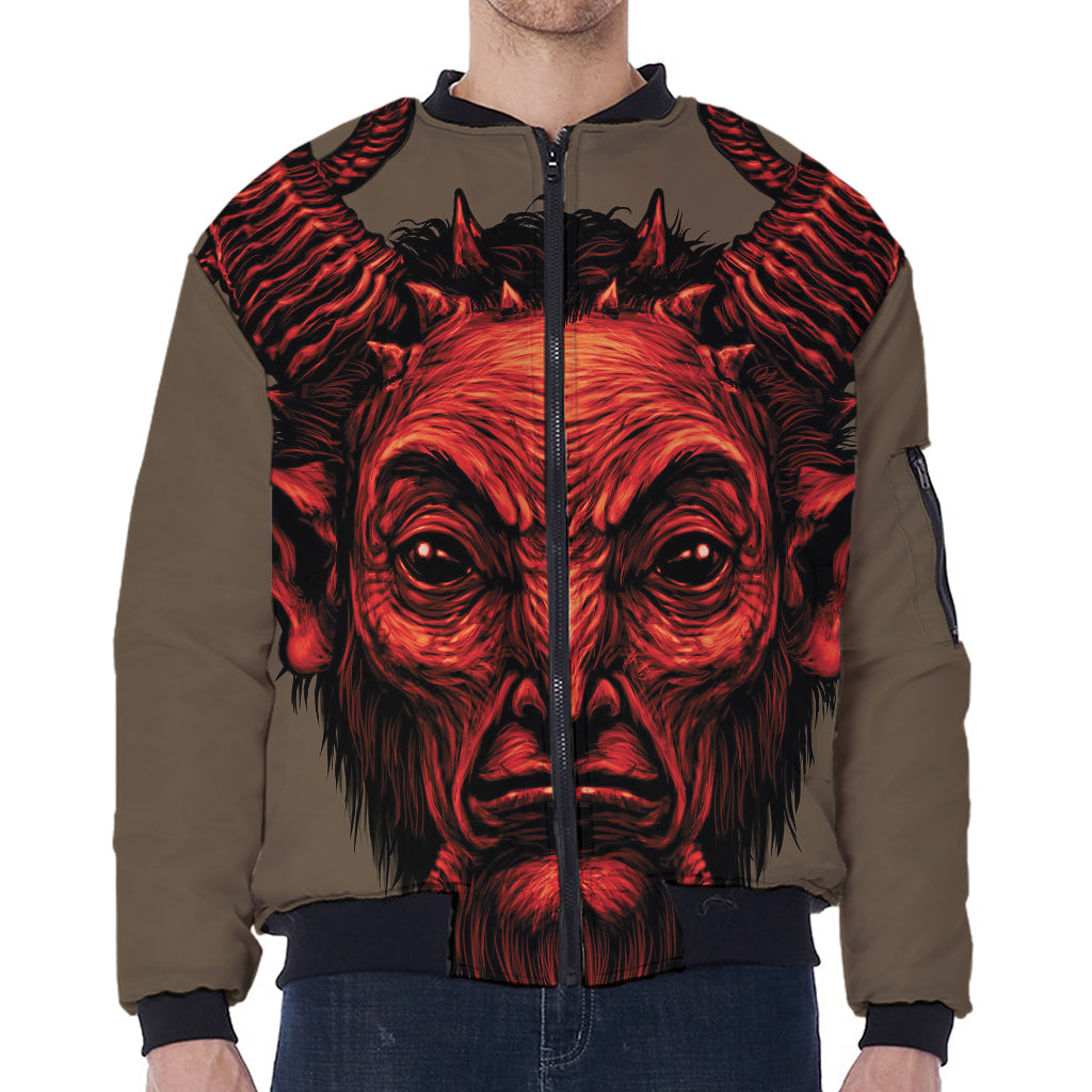 Red Devil Satan Print Zip Sleeve Bomber Jacket