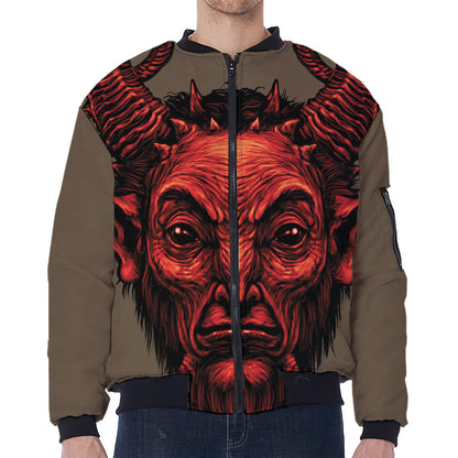 Red Devil Satan Print Zip Sleeve Bomber Jacket