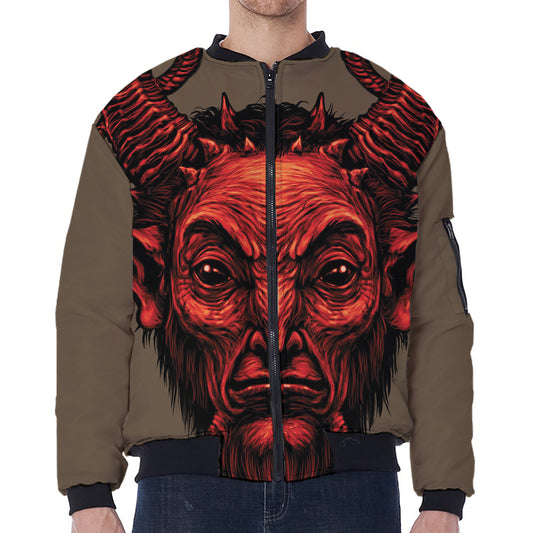 Red Devil Satan Print Zip Sleeve Bomber Jacket