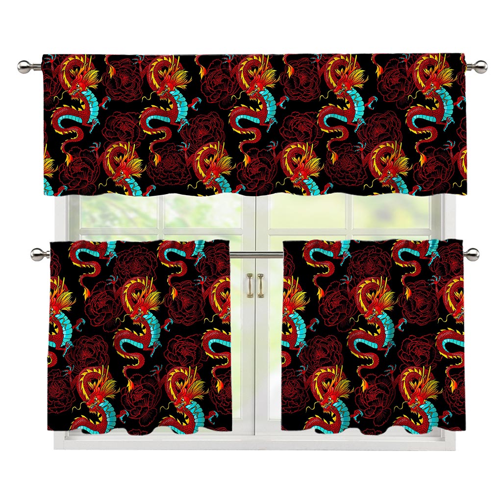 Red Dragon Lotus Pattern Print 3 Piece Kitchen Curtains