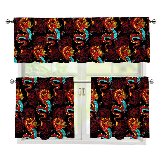 Red Dragon Lotus Pattern Print 3 Piece Kitchen Curtains