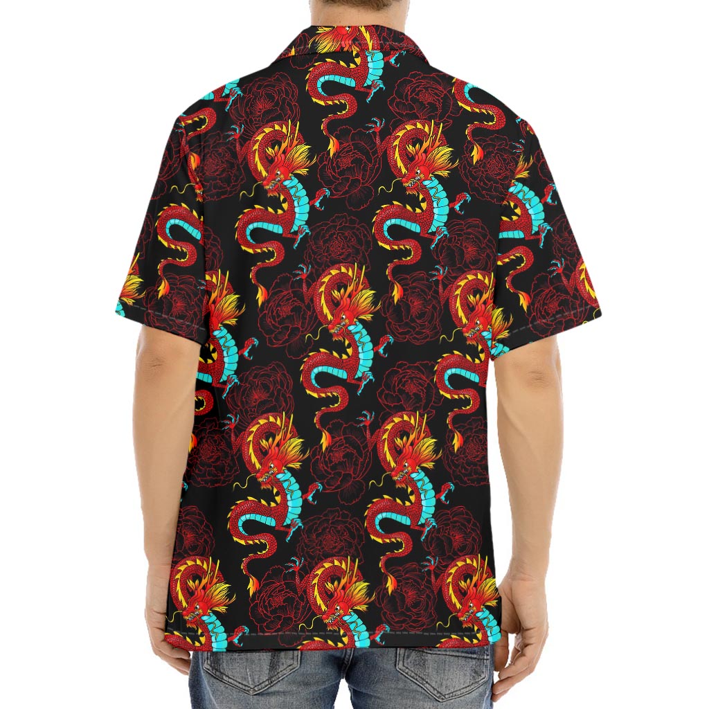 Red Dragon Lotus Pattern Print Aloha Shirt