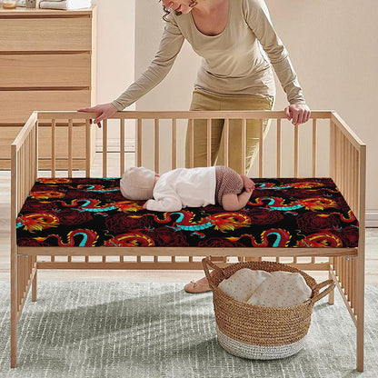 Red Dragon Lotus Pattern Print Baby Crib Sheet