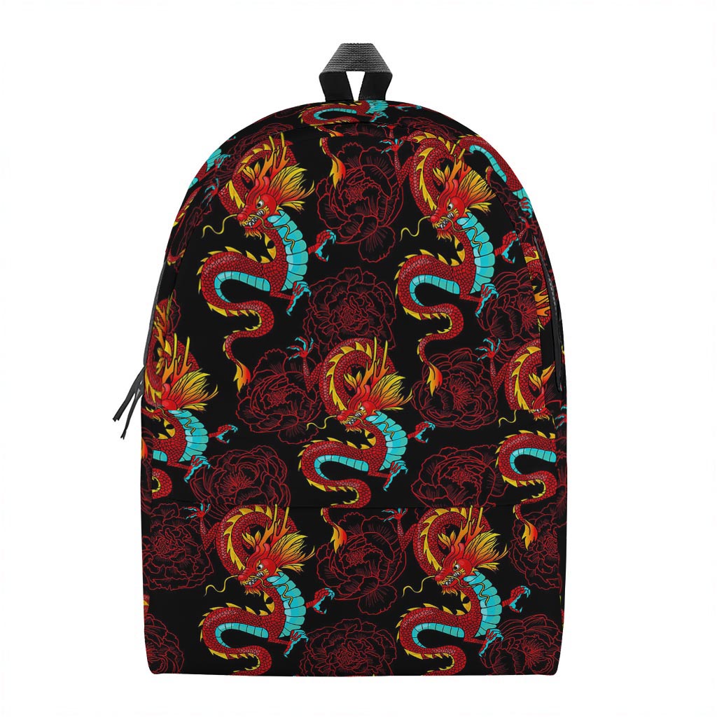 Red Dragon Lotus Pattern Print Backpack