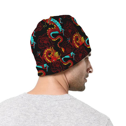 Red Dragon Lotus Pattern Print Beanie
