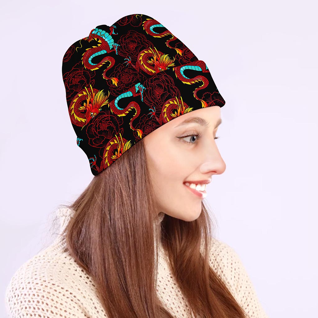 Red Dragon Lotus Pattern Print Beanie