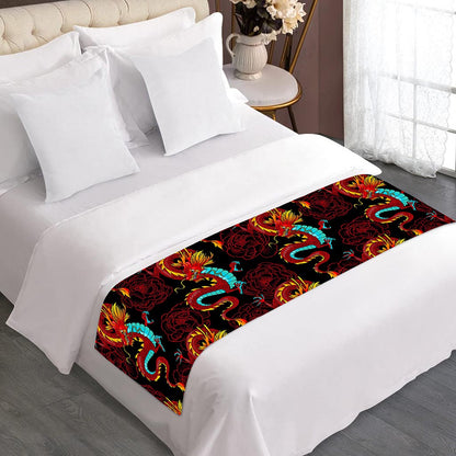 Red Dragon Lotus Pattern Print Bed Runner