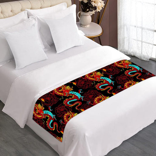 Red Dragon Lotus Pattern Print Bed Runner