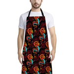 Red Dragon Lotus Pattern Print Bib Apron With Pocket