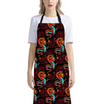 Red Dragon Lotus Pattern Print Bib Apron With Pocket