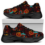 Red Dragon Lotus Pattern Print Black Chunky Shoes